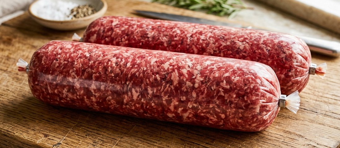 Raw ground beef chub packaged in clear casing film