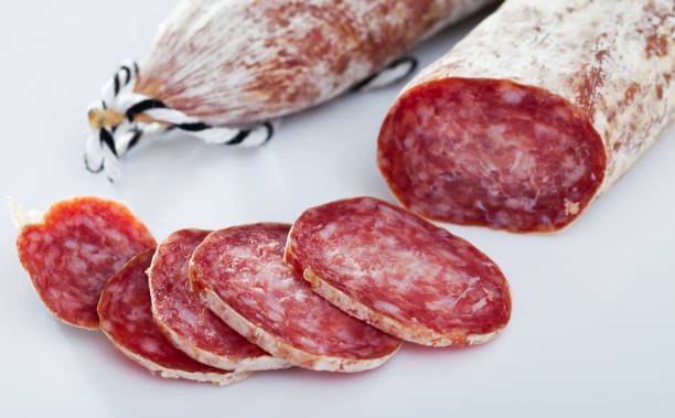 Collagen casing salami, sliced and tied
