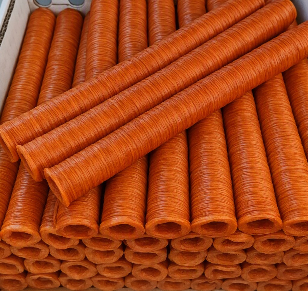 Edible collagen casings, orange shirred sticks