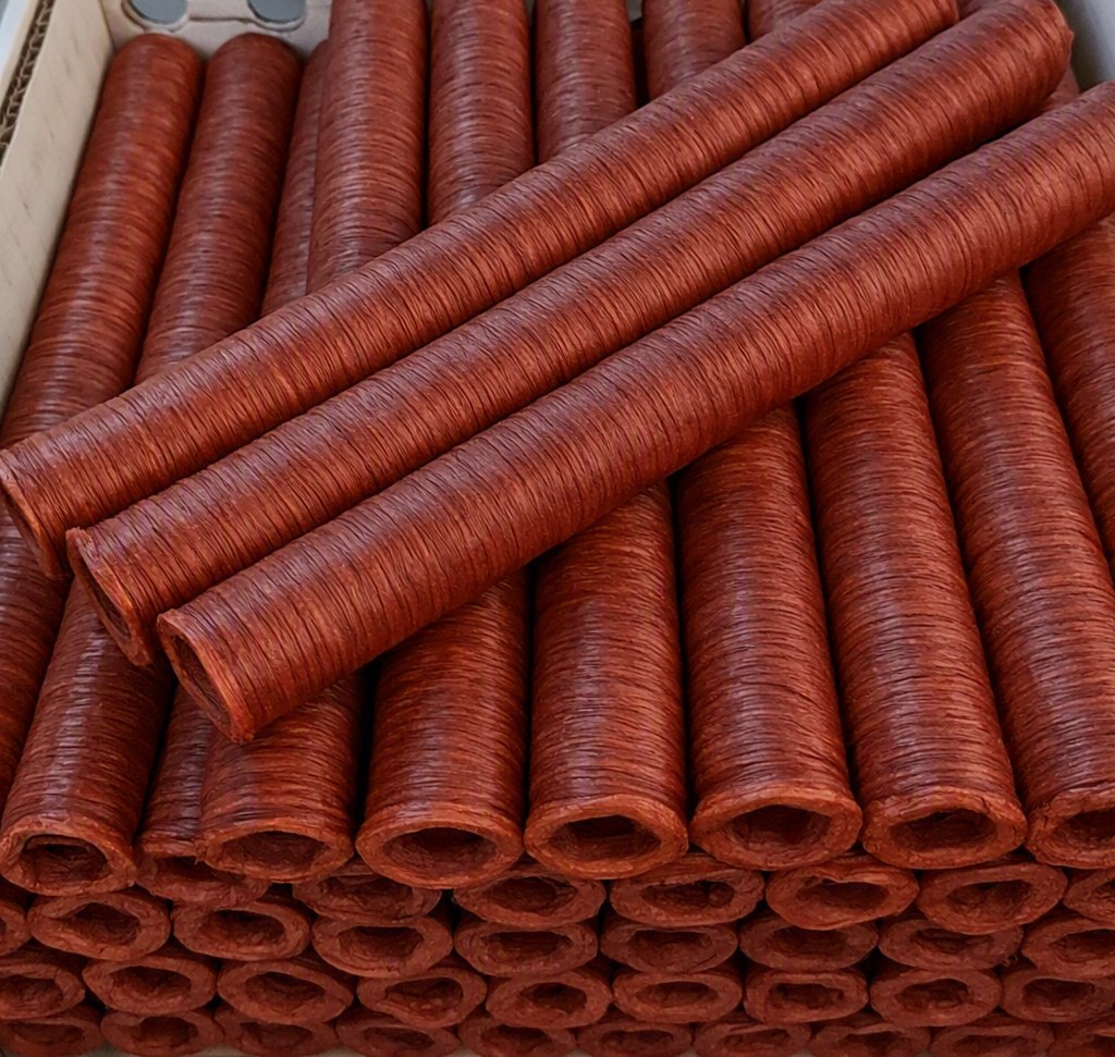 Mahogany collagen casings, shirred sticks