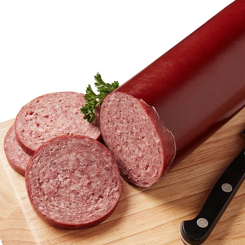 Mahogany fibrous casing summer sausage, sliced