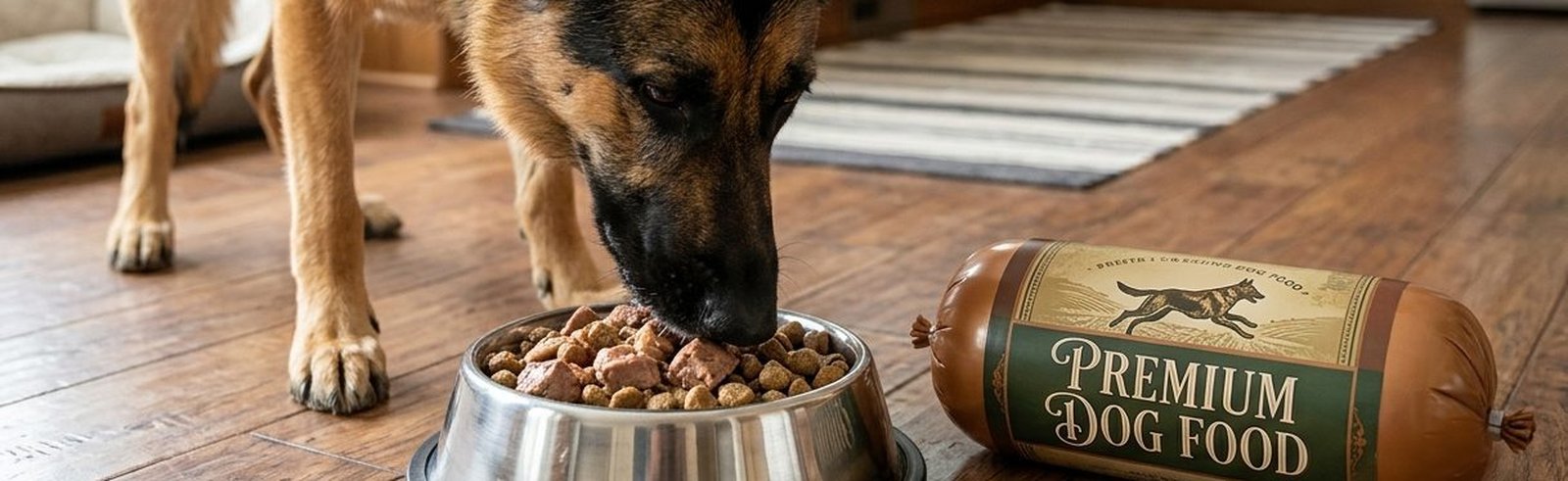 Dog eating from bowl next to premium dog food casing roll