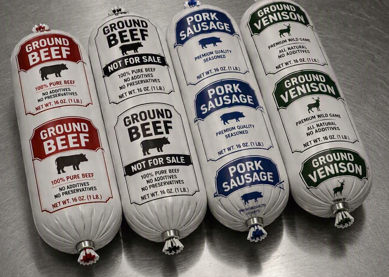 Custom printed ground beef, pork sausage, and venison casings, side by side