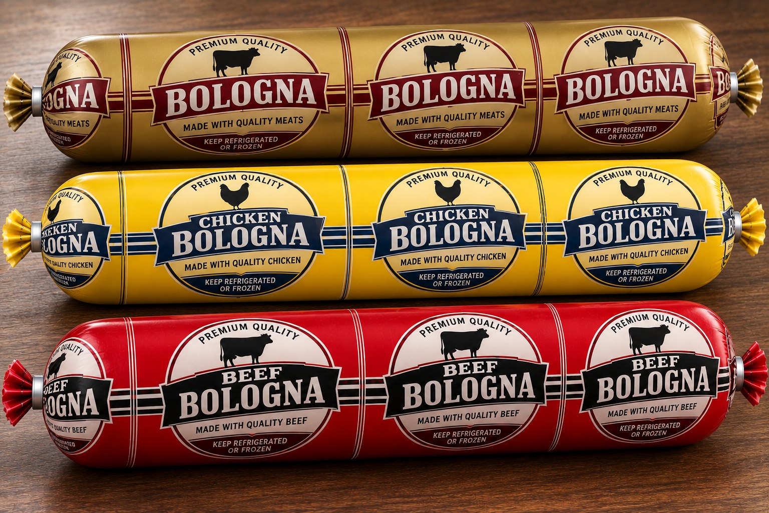 Custom printed bologna casings in gold, yellow, and red