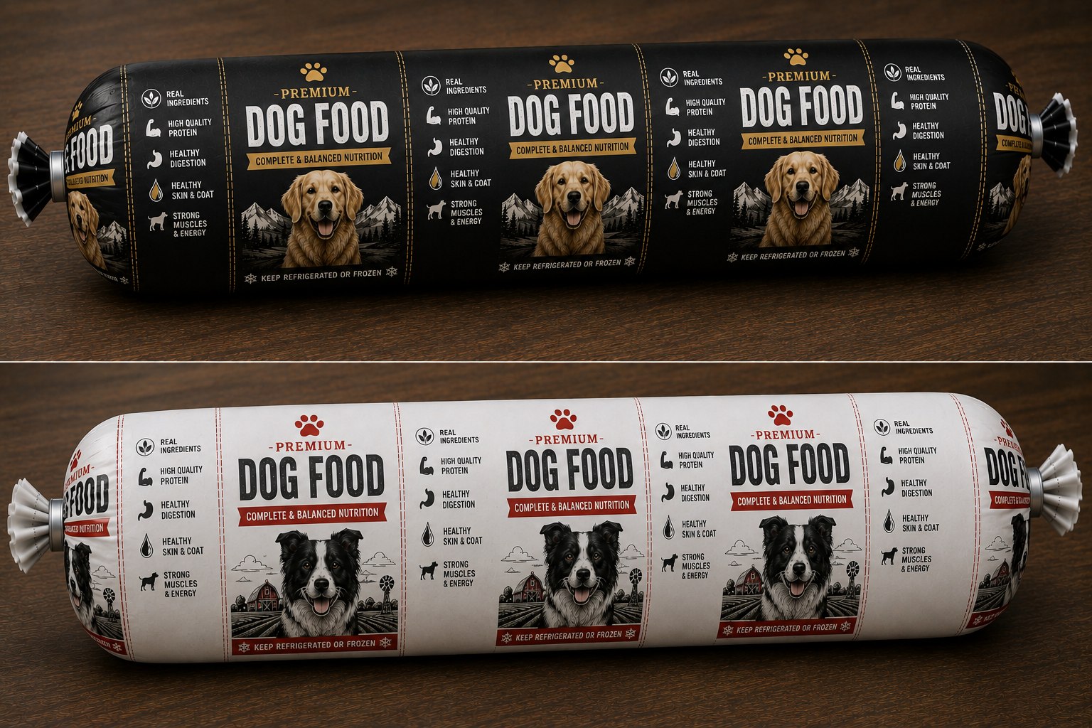 Custom printed pet food casings, premium dog food branding