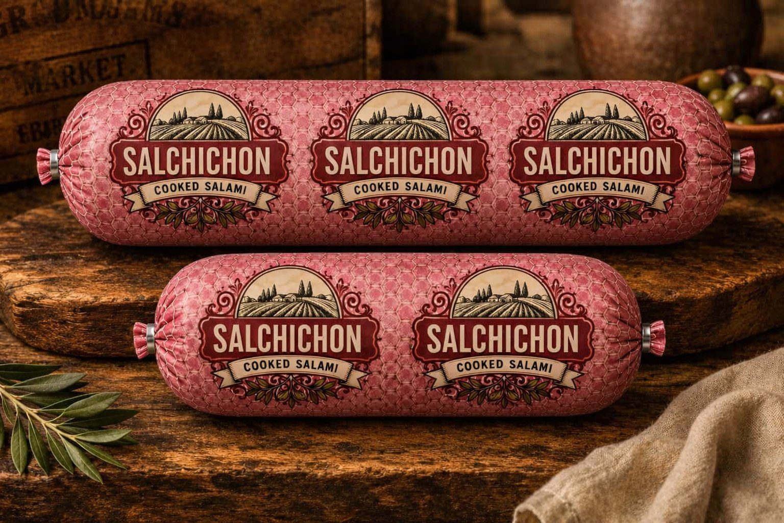 Salchichon Cooked Salami, printed pink transparent plastic casing with honeycomb pattern