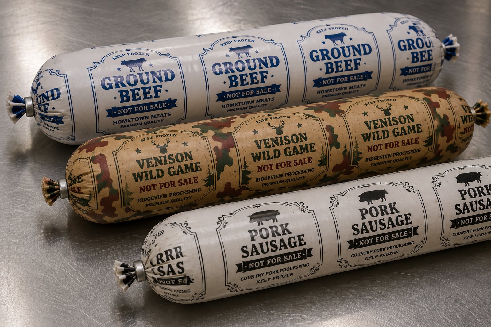 Custom printed casings with brand logos, Ground Beef, Venison Wild Game, and Pork Sausage