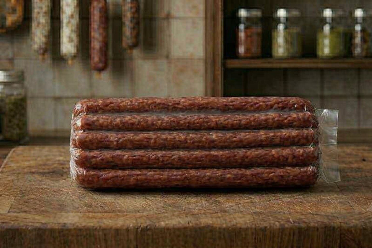 Fresh beef sausage sticks sealed in shrink bag