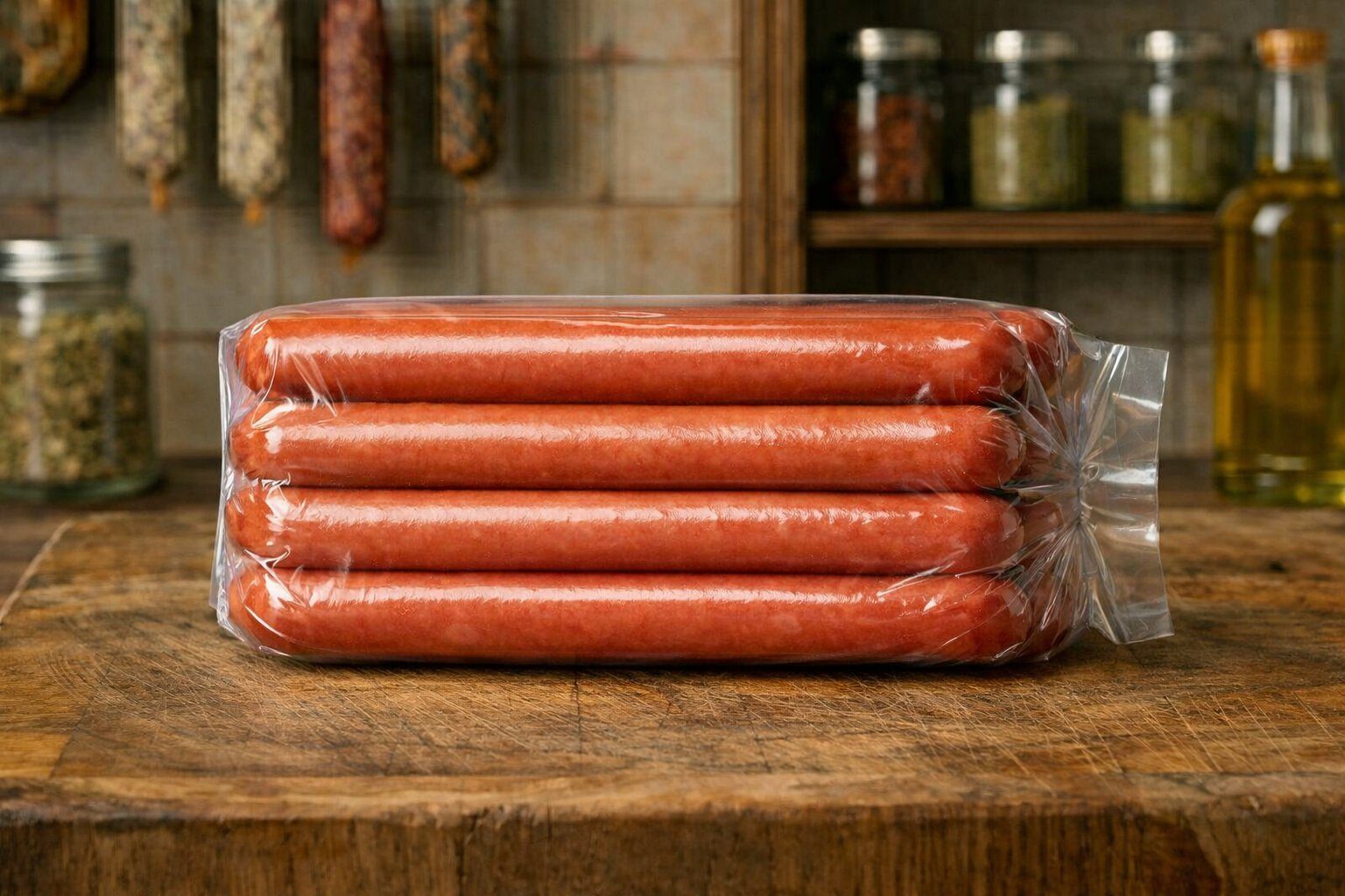 Hot dogs and sausage links vacuum sealed in shrink bag