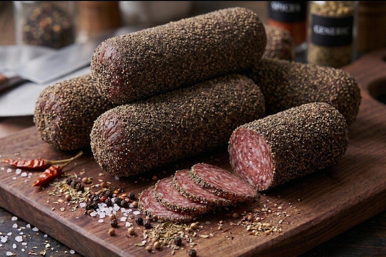 Black pepper coated salami chubs, dense pepper crust on multiple pieces