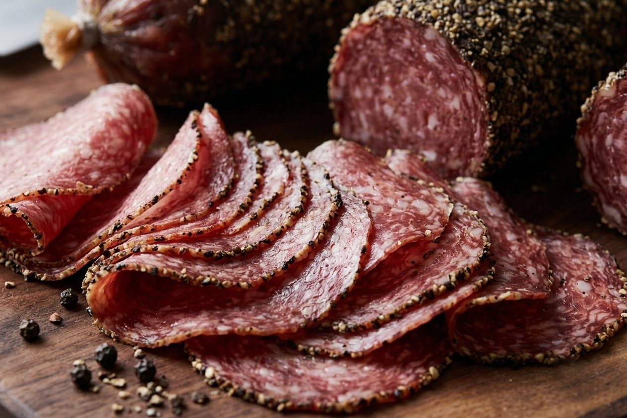Black pepper coated salami sliced, uniform pepper crust on finished product