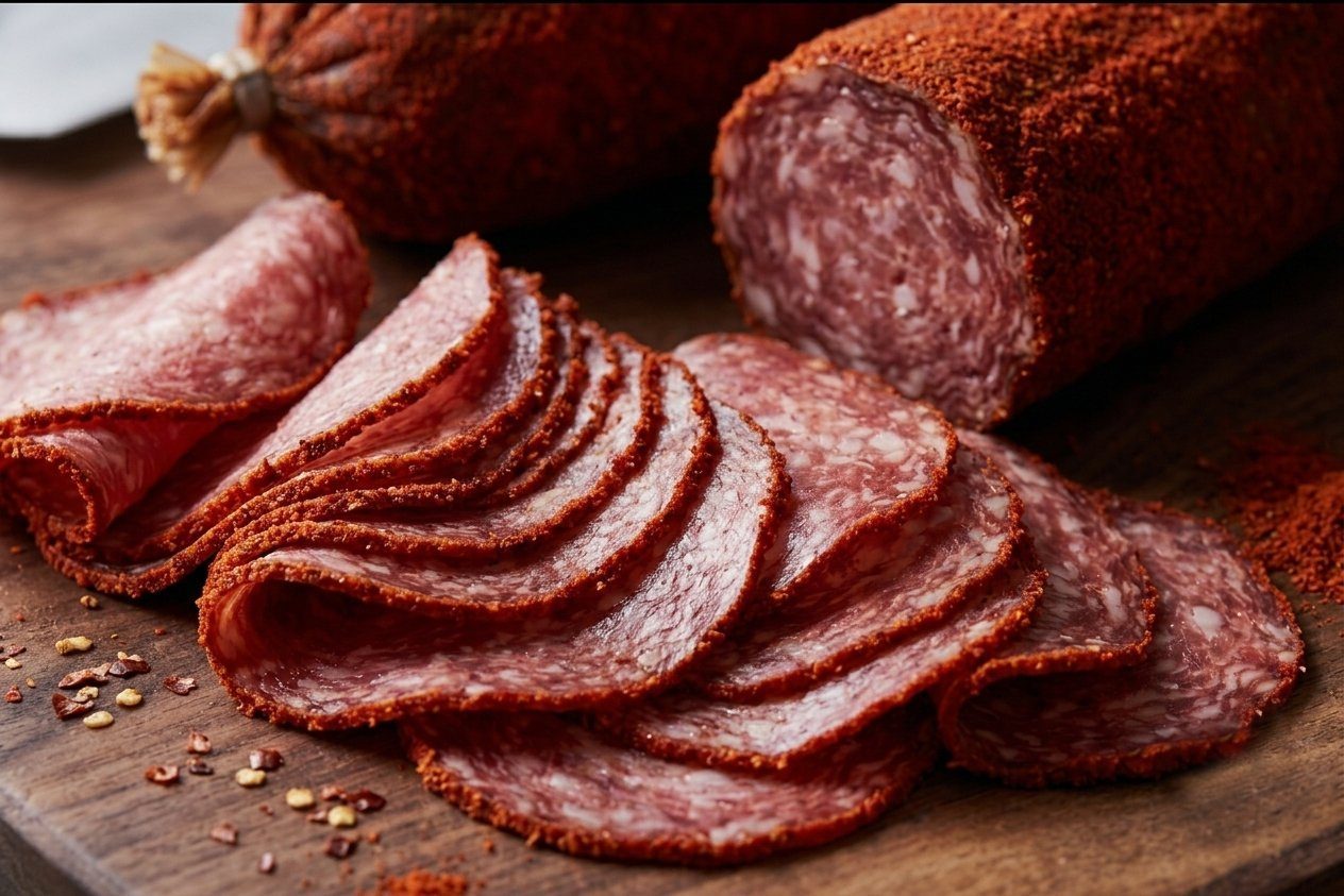Diablo coated salami sliced, bold red chili crust on finished product