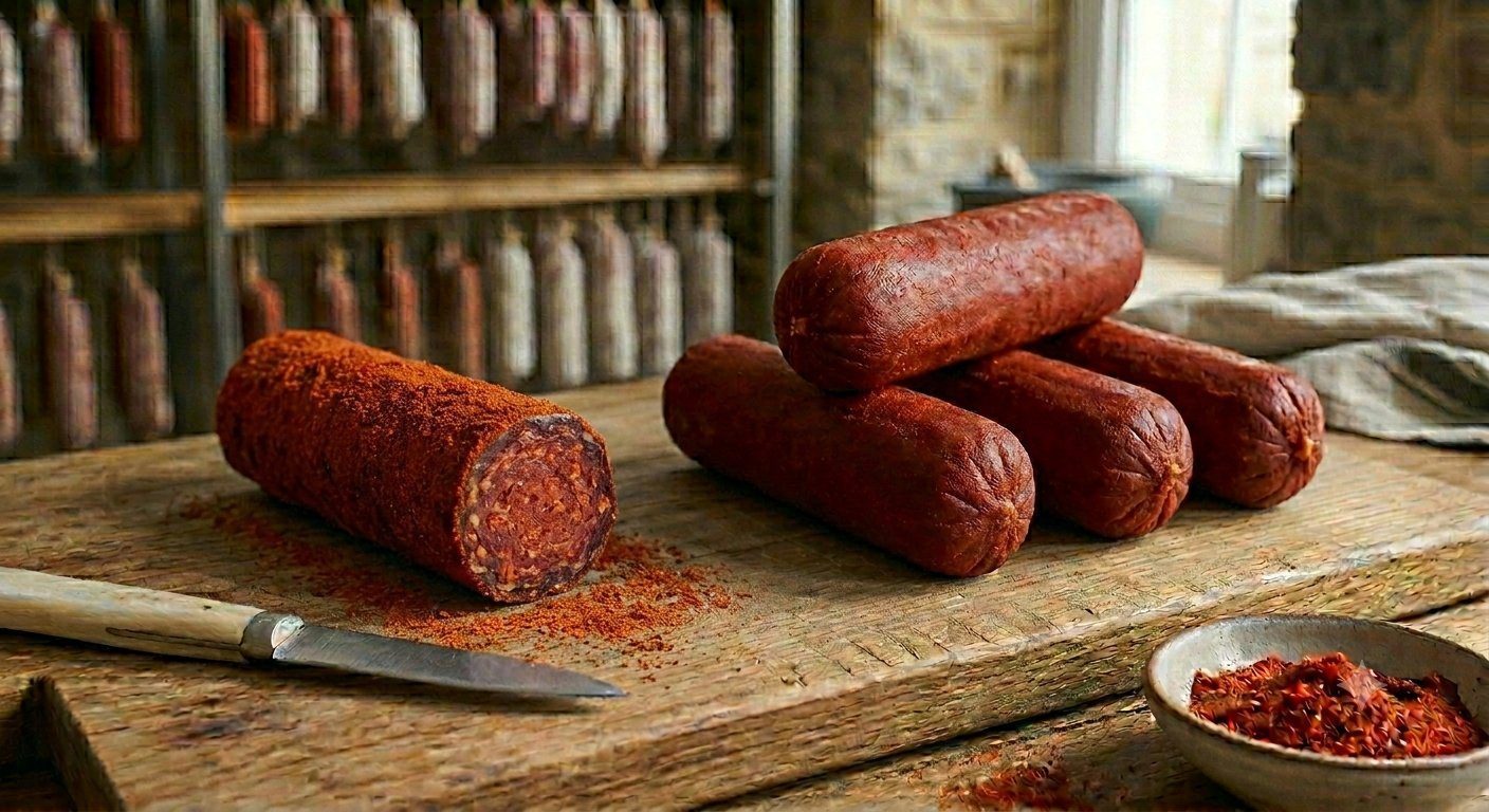 Diablo coated sausage chubs in curing room, bold red paprika crust