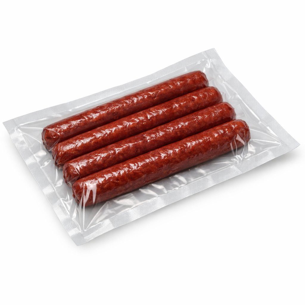 Fresh sausage links vacuum packaged in clear pouch