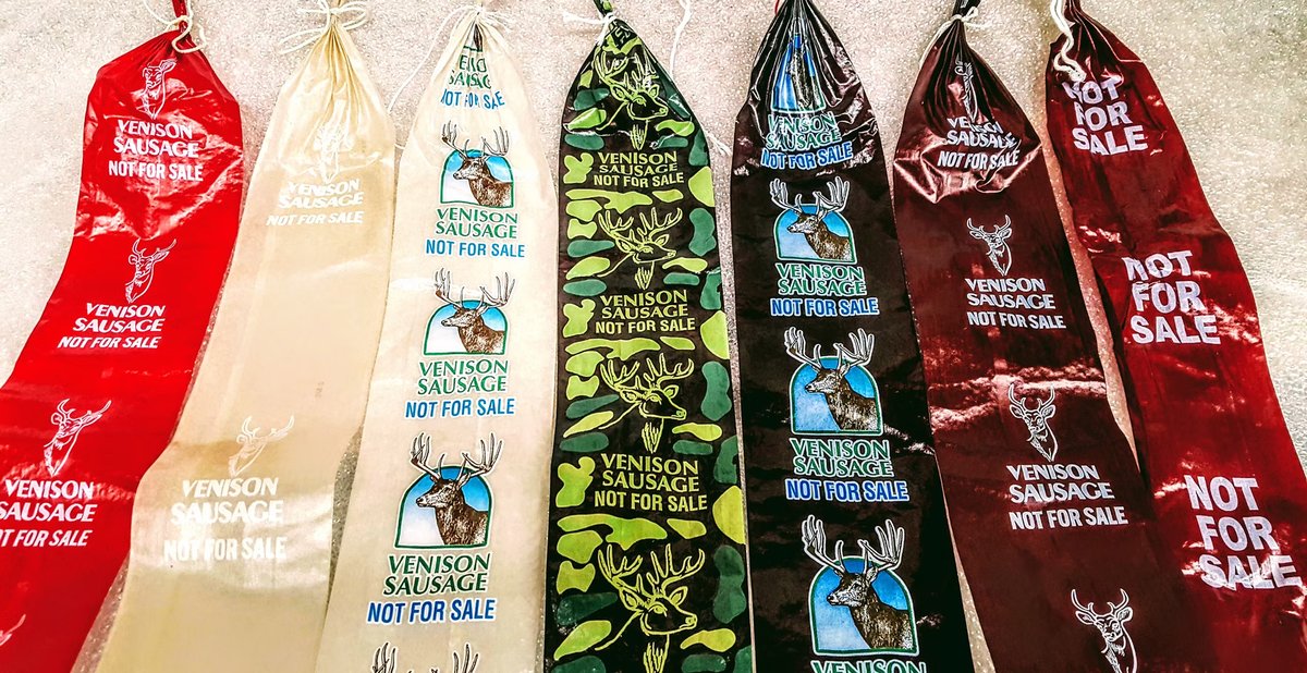 Custom printed venison sausage casings, Venison Sausage, Not For Sale, in multiple colors and camo patterns