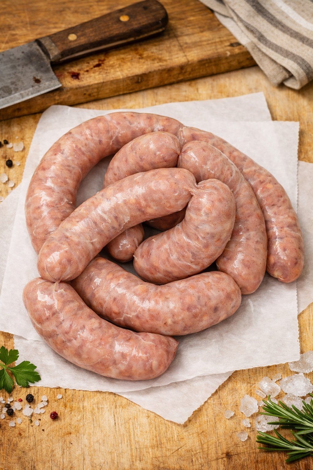 Smoked sausage links in natural hog casings stacked on wooden table