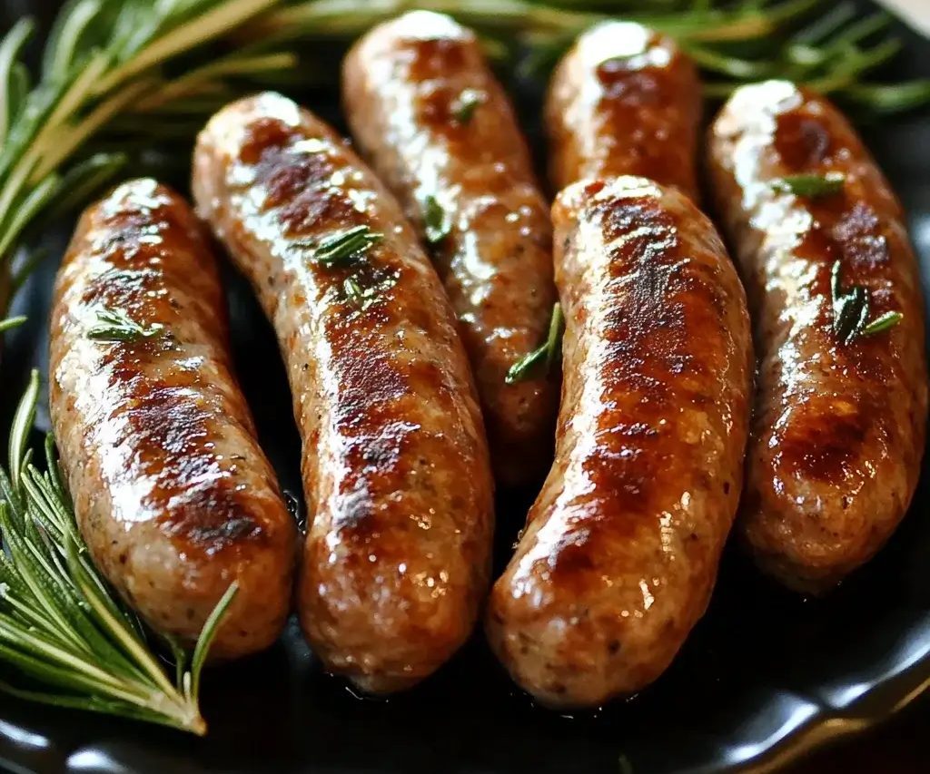 Grilled bratwurst sausages in natural hog casings on plate with rosemary